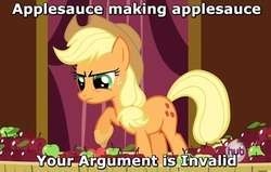 Size: 500x317 | Tagged: safe, edit, edited screencap, screencap, applejack, earth pony, pony, g4, magic duel, my little pony: friendship is magic, apple, applesauce, female, food, hub logo, image macro, mare, solo