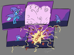 Size: 1280x953 | Tagged: dead source, safe, artist:spaerk, trixie, pony, unicorn, g4, magic duel, butt, comic, explosion, female, mare, plot, spaghetti, trip, tripsie