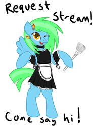 Size: 500x678 | Tagged: safe, artist:jade meteor, oc, oc only, oc:jade meteor, pegasus, pony, semi-anthro, arm hooves, clothes, duster, livestream, maid, text