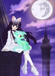 Size: 345x475 | Tagged: safe, edit, lyra heartstrings, vampire, g4, anime, crossover, cute, hazuki, mare in the moon, moon, moon phase, sitting, sitting lyra