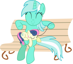 Size: 3430x3000 | Tagged: safe, artist:schaafii, bon bon, lyra heartstrings, sweetie drops, earth pony, pony, unicorn, g4, ^^, bench, collar, eyes closed, female, leash, mare, micro, pony pet, simple background, sitting, tiny, tiny ponies, transparent background