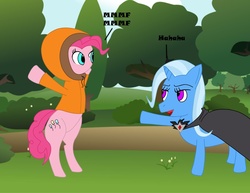 Size: 1289x996 | Tagged: safe, artist:divinefolklore, pinkie pie, trixie, g4, magic duel, alicorn amulet, bipedal, duo, kenny (south park), kenny mccormick, laughing, no mouth, parody, pointing, south park, teasing