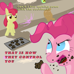 Size: 1000x1000 | Tagged: safe, artist:dazko, apple bloom, pinkie pie, earth pony, pony, mentally advanced series, g4, baking, cooking, dialogue, duo, female, filly, mare, radioactive