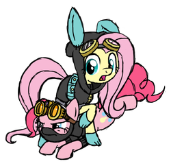 Size: 1024x1003 | Tagged: dead source, safe, artist:ogihb, fluttershy, pinkie pie, earth pony, pegasus, pony, g4, bunny ears, clothes, dangerous mission outfit, duo, female, flutterspy, goggles, hoodie, mare, night vision goggles, open mouth, pinkie spy, shirt, simple background, white background