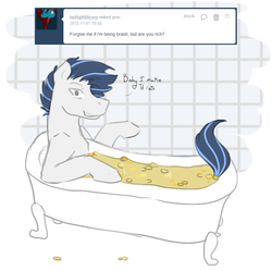 Size: 853x850 | Tagged: safe, artist:askaquavelva, oc, oc only, earth pony, pony, ask, bath, bathtub, bits, dialogue, heart, looking at you, money, smiling, tumblr