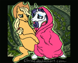 Size: 800x647 | Tagged: safe, artist:gloriaus, applejack, rarity, g4, magic duel, blanket, female, lesbian, ship:rarijack, shipping