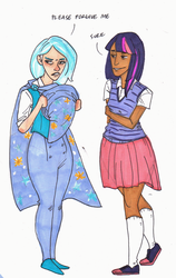 Size: 846x1338 | Tagged: safe, artist:raya-lu, trixie, twilight sparkle, human, g4, clothes, dark skin, female, humanized, lesbian, ship:twixie, shipping, skirt