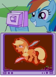 Size: 564x770 | Tagged: safe, applejack, rainbow dash, pony, g4, exploitable meme, fetish, meme, tickling, tv meme