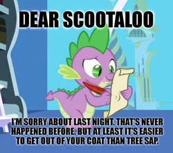 Size: 436x386 | Tagged: safe, edit, edited screencap, screencap, spike, dragon, friendship is magic, g4, caption, letter, male, meme, quill, scroll, spike's love letters, tongue out, twilight's canterlot home, window
