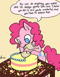Size: 1100x1400 | Tagged: safe, artist:rwl, pinkie pie, earth pony, pony, g4, 2012, advice, baking, bipedal, bob ross, cake, caption, cooking, cute, dialogue, diapinkes, discussion in the comments, featured image, female, food, frosting, heartwarming, icing bag, inspiration, inspirational, mare, motivational, no pupils, positive ponies, quote, simple background, solo, speech bubble, steve ross, sweet dreams fuel, thought bubble, wholesome, yellow background