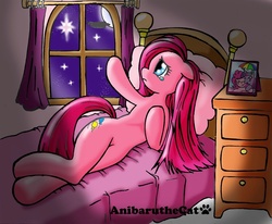 Size: 900x743 | Tagged: safe, artist:anibaruthecat, pinkie pie, twilight sparkle, pony, g4, anatomically incorrect, bed, bedroom, crying, female, implied lesbian, implied shipping, implied twilight sparkle, implied twinkie, incorrect leg anatomy, pinkamena diane pie, sad, solo