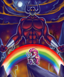Size: 950x1134 | Tagged: safe, artist:lordstevie, oc, oc only, oc:poodle hair, demon, pegasus, pony, electric guitar, female, guitar, heavy metal, helmet, horns, mare, metal, moon, music, musical instrument, rainbow