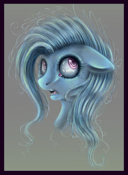 Size: 371x503 | Tagged: safe, artist:lunar-sugar, trixie, earth pony, pony, g4, bust, female, floppy ears, frown, gray background, looking up, mare, messy mane, missing horn, open mouth, race swap, simple background, solo, wide eyes