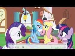 Size: 1024x768 | Tagged: safe, edit, fluttershy, rainbow dash, rarity, twilight sparkle, g4, fake, fake screencap, female, hub logo, lesbian, letterboxing, lidded eyes, ship:flutterdash, shipping, vlc