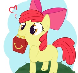 Size: 1024x960 | Tagged: safe, artist:thegalen, apple bloom, earth pony, pony, g4, cute, fast food, female, happy meal, mcdonald's, mouth hold, solo