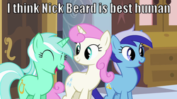 Size: 640x360 | Tagged: safe, edit, edited screencap, screencap, lyra heartstrings, minuette, twinkleshine, pony, unicorn, a canterlot wedding, g4, season 2, eyes closed, image macro, nick beard, open mouth, parody, trio