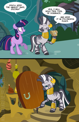 Size: 582x900 | Tagged: safe, artist:egophiliac, twilight sparkle, zecora, zebra, g4, alicorn amulet, comic