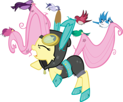 Size: 6001x4971 | Tagged: safe, artist:freak0uo, fluttershy, bird, pegasus, pony, g4, magic duel, .svg available, absurd resolution, bunny ears, clothes, costume, dangerous mission outfit, eyes closed, female, goggles, hoodie, mare, open mouth, simple background, solo, transparent background, vector