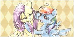 Size: 800x402 | Tagged: safe, artist:flutterdashwhore, fluttershy, rainbow dash, pegasus, pony, g4, duo, female, lesbian, ship:flutterdash, shipping