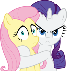 Size: 6000x6387 | Tagged: safe, artist:madmax, artist:vladimirmacholzraum, fluttershy, rarity, pegasus, pony, unicorn, g4, absurd resolution, female, folded wings, horn, hostage, hug, lesbian, mine!, possessive, ship:flarity, shipping, simple background, transparent background, vector, wings, wings down
