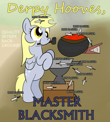 Size: 900x992 | Tagged: safe, artist:hip-indeed, derpy hooves, pony, g4, anvil, blacksmith, crossover, dagger, female, skyrim, solo, text, the elder scrolls