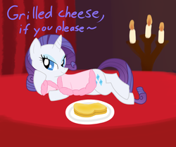 Size: 1200x1000 | Tagged: safe, artist:hip-indeed, rarity, pony, g4, bed, cheese, clothes, draw me like one of your french girls, grilled cheese, looney tunes, merrie melodies, parody, robe, sandwich, solo, sultry pose