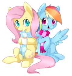 Size: 952x1005 | Tagged: safe, artist:ls_skylight, fluttershy, rainbow dash, pegasus, pony, g4, clothes, duo, duo female, female, mare, mug, scarf, simple background, sitting, transparent background