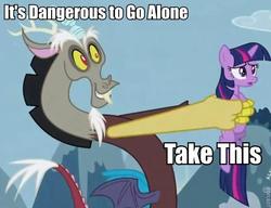 Size: 664x509 | Tagged: safe, edit, edited screencap, screencap, discord, twilight sparkle, pony, g4, the return of harmony, cropped, frown, grin, holding a pony, it's dangerous to go alone, meme, open mouth, quote, reaction image, reference, smiling, the legend of zelda