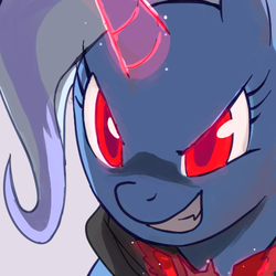 Size: 480x480 | Tagged: source needed, useless source url, safe, artist:ponjii, trixie, pony, g4, magic duel, alicorn amulet, bust, female, glowing eyes, glowing horn, horn, portrait, solo