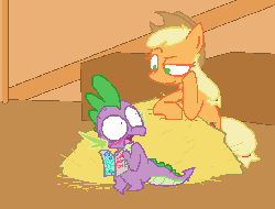 Size: 722x549 | Tagged: safe, artist:weaver, applejack, spike, dragon, pony, g4, blushing, caught, female, gif, magazine, male, mare, non-animated gif, porn, porn magazine, ship:applespike, shipping, straight
