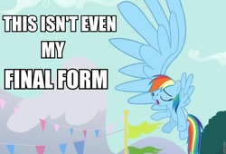 Size: 960x654 | Tagged: safe, rainbow dash, pegasus, pony, g4, magic duel, giant wing, meme, text, this isn't even my final form, wings