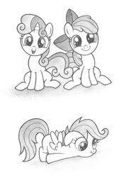 Size: 2000x2861 | Tagged: safe, artist:agamnentzar, apple bloom, scootaloo, sweetie belle, g4, color me, cutie mark crusaders, derp, monochrome, scootie belle, scrunchy face, traditional art
