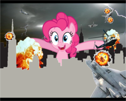 Size: 1195x957 | Tagged: safe, pinkie pie, earth pony, pony, g4, apocalypse, giant pony, godzilla (series), macro, wat