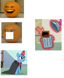 Size: 692x837 | Tagged: safe, trixie, pony, unicorn, g4, 1000 hours in ms paint, alicorn amulet, and there was much rejoicing, annoying orange, cursor, female, greatest internet moments, horn, mare, orange, photo, take that, trash can, wat