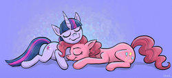 Size: 900x410 | Tagged: safe, artist:pedantia, pinkie pie, twilight sparkle, g4, female, lesbian, ship:twinkie, shipping, sleeping, snuggling