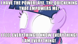 Size: 1440x810 | Tagged: safe, edit, edited screencap, screencap, twilight sparkle, pony, g4, my little pony: friendship is magic, the cutie mark chronicles, bust, female, filly, filly twilight sparkle, glowing eyes, highlander, image macro, solo, younger