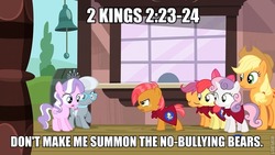 Size: 736x414 | Tagged: safe, apple bloom, scootaloo, sweetie belle, g4, bible, cutie mark crusaders, image macro, religion