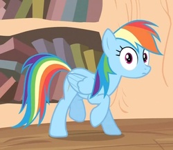 Size: 930x807 | Tagged: safe, screencap, rainbow dash, pegasus, pony, g4, female, golden oaks library, guilty, looking at you, mare, raised hoof, raised leg, solo