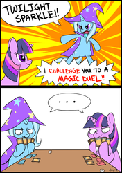 Size: 600x850 | Tagged: safe, artist:jiayi, trixie, twilight sparkle, g4, magic duel, ..., card, comic, dice, magic the gathering, pun