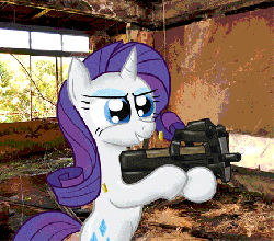 Size: 434x382 | Tagged: safe, artist:paper-pony, rarity, pony, g4, animated, bullet casing, female, gun, muzzle flash, p90, ponies with guns, realistic background, smiling, solo, submachinegun, who needs trigger fingers
