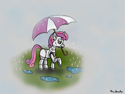 Size: 2664x1998 | Tagged: safe, artist:thevincenator, sweetie belle, pony, robot, robot pony, unicorn, g4, blank flank, female, filly, foal, hooves, horn, rain, raised hoof, solo, sweetie bot, umbrella