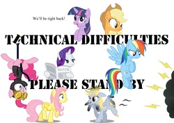 Size: 3508x2480 | Tagged: safe, applejack, derpy hooves, fluttershy, pinkie pie, rainbow dash, rarity, twilight sparkle, pegasus, pony, g4, female, mare, please stand by, technical difficulties