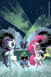 Size: 600x910 | Tagged: safe, artist:amy mebberson, idw, official comic, fluttershy, pinkie pie, rarity, spike, dragon, earth pony, pony, unicorn, g4, official, bipedal, comic, cover, dancing, female, gangnam style, male, mare, sunglasses