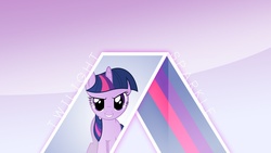 Size: 1920x1080 | Tagged: safe, artist:phantombadger, artist:proenix, twilight sparkle, pony, g4, female, looking at you, minimalist, smiling, solo, text, vector, wallpaper