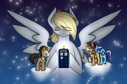 Size: 3000x2000 | Tagged: safe, artist:robynne, derpy hooves, doctor whooves, minuette, time turner, earth pony, pony, g4, crossover, doctor who, fourth doctor, ponified, tardis, the doctor, time paradox, time travel, timelord ponidox