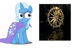 Size: 768x512 | Tagged: safe, trixie, pony, unicorn, g4, angry, bone, dark souls, disgusted, don't trust wheels, female, glare, gritted teeth, looking at something, mare, simple background, skeleton, special eyes, unamused, wheel, wheel skeleton, white background