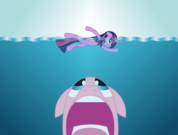 Size: 2780x2097 | Tagged: source needed, safe, artist:crunchnugget, pinkie pie, twilight sparkle, pony, unicorn, g4, female, forever, jaws, mare, parody, partially submerged, swimming, underwater, water