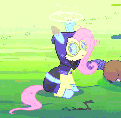 Size: 500x486 | Tagged: safe, screencap, fluttershy, pegasus, pony, g4, magic duel, animated, bunny ears, circling stars, clothes, dangerous mission outfit, dizzy, female, gif, goggles, hoodie, mare
