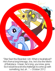 Size: 386x495 | Tagged: safe, discord, star swirl, star swirl the bearded, draconequus, earth pony, pony, g4, discord is star swirl, female, interview, jossed, male, mare, text