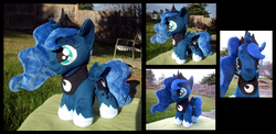 Size: 1587x773 | Tagged: safe, artist:fireflytwinkletoes, princess luna, alicorn, pony, g4, female, filly, irl, multiple views, outdoors, photo, plushie, solo, spread wings, wings, woona, younger